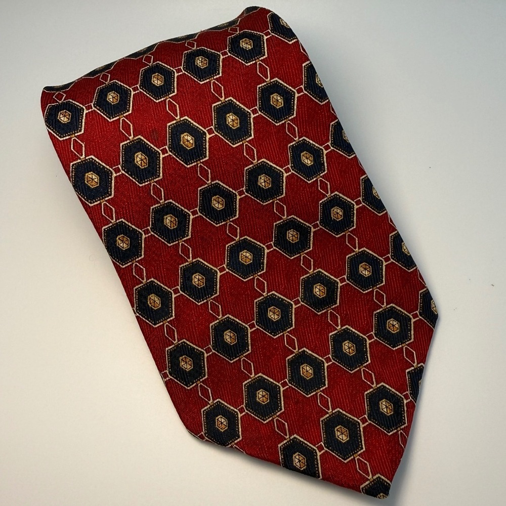Alexander Lloyd Necktie OS Red Navy Gold Geometric Silk Classic Preppy Retro Tie